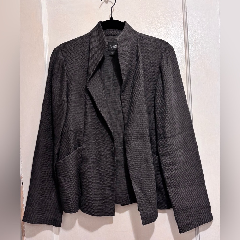 Eileen Fisher Open Front Textured Blazer Jacket Petite Small Charcoal Gray